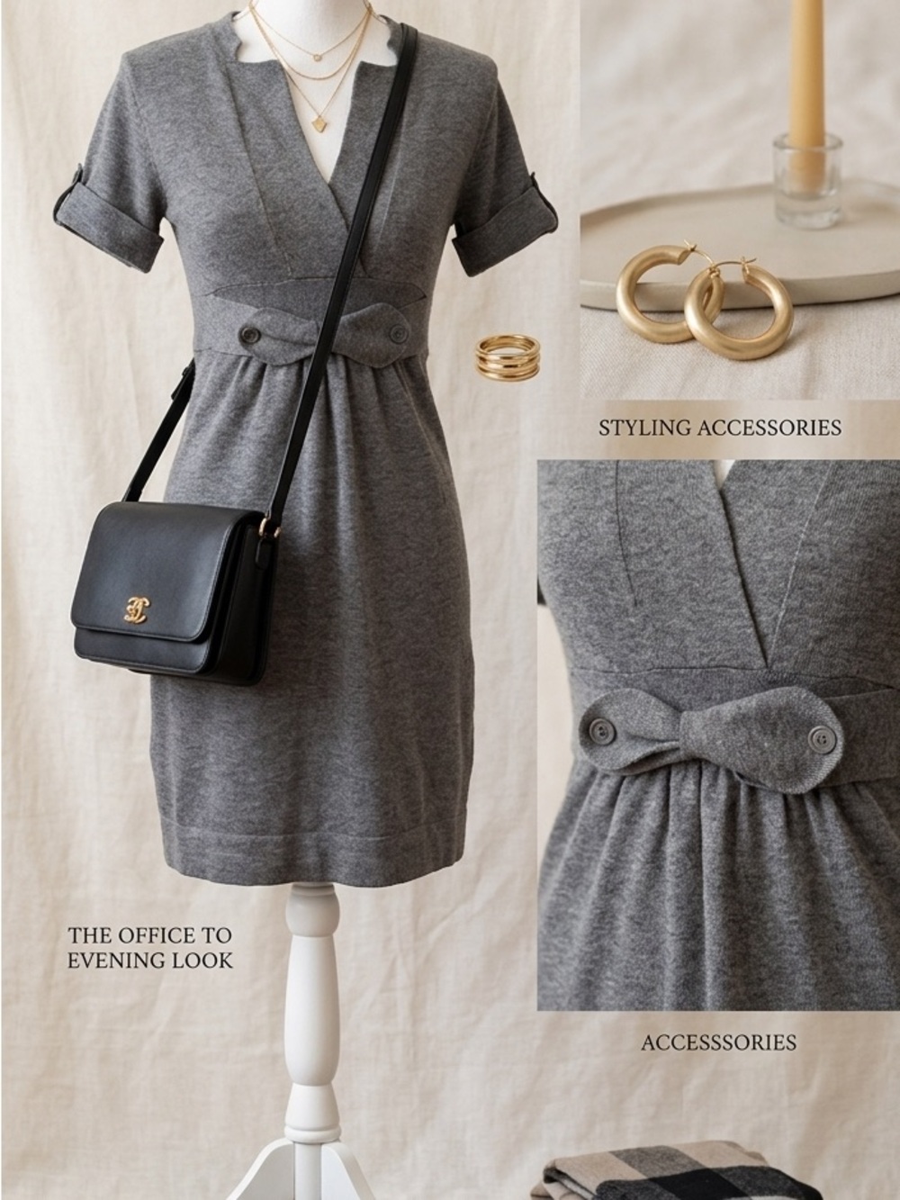 BCBGMAXAZRIA Grey Knit Dress with Bow Detail - Size XS